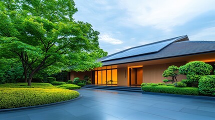 Obraz premium A serene modern building surrounded by lush greenery and well-manicured gardens, featuring large windows that reflect the tranquil sky.