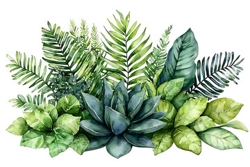 Obraz premium Watercolor botanical illustration featuring an assortment of verdant tropical leaves and plants creating a lush and vibrant natural arrangement.