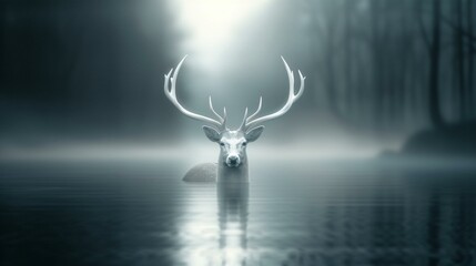 A glowing deer in an enchanted forest under an eerie moonlit sky, soft atmospheric glow, photorealistic rendering, crystal-clear sharpness