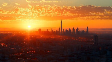 Naklejka premium Sunset over Riyadh, the city skyline illuminated by golden light, sleek modern buildings like the Kingdom Tower reflecting the warm hues, the desert horizon adding a timeless backdrop