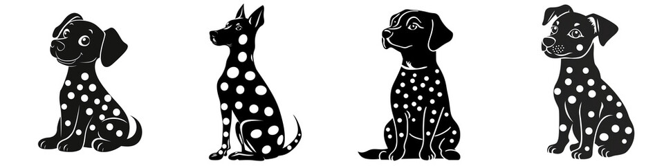 Fototapeta premium Set of a black and white polka dot dog silhouette clip art, isolated on a transparent background.