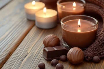 Warm Candles and Chocolate Treats on Rustic Wooden Surface