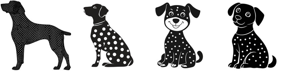 Fototapeta premium Set of a black and white polka dot dog silhouette clip art, isolated on a transparent background.