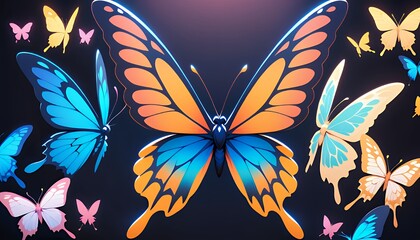 Fototapeta premium Vibrant Pixel Art Butterflies in Orange, Blue and Pink on Dark Background