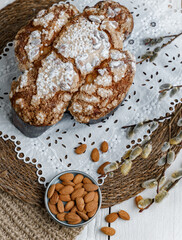 Colomba - Italian traditional Easter bread is topped with pearl sugar and almonds in the shape of a dove. Festive pastries are traditional in Italy.
