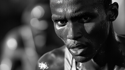 Close up monochrome shot of a sweaty athlete with intense gaze and blurred background focus point