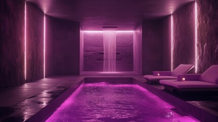 Luxurious spa interior with illuminated pool, lounge chairs, and water feature