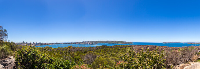Panorama View over Bushland, Ocean and Suburb of Sydney from Dobroyd Head Lookout, Sydney, Australia