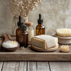 Natural spa products on rustic wooden tray