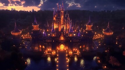 Obraz premium Towering castle with iridescent towers, surrounded by a shimmering moat reflecting the colors of a setting sun, glowing lanterns lining the pathways, aerial shot, magical elegance. 