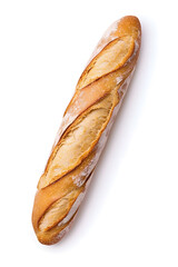 Top view french freshly baked single baguette isolated on white background