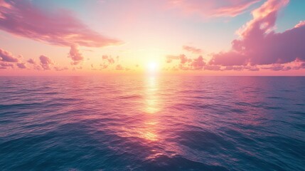Obraz premium Calm ocean sunset. Soft, warm light reflecting on rippled water. Pink and orange hues paint the sky