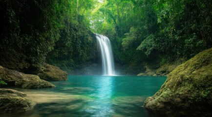 Fototapeta premium A serene waterfall flowing into a tranquil pool surrounded by lush trees.