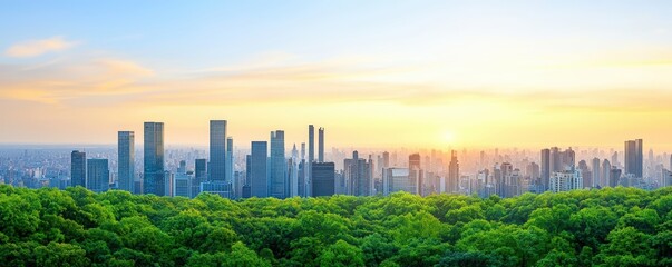 Obraz premium A vibrant city skyline at sunset, framed by lush green trees, showcasing the harmony between nature and urban development.