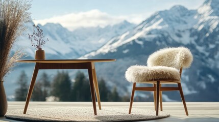 A classic wooden chair with a fluffy cushion beside a round table on a terrace, showcasing panoramic mountain scenery.