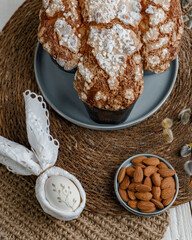 Colomba - Italian traditional Easter bread is topped with pearl sugar and almonds in the shape of a dove. Festive pastries are traditional in Italy.