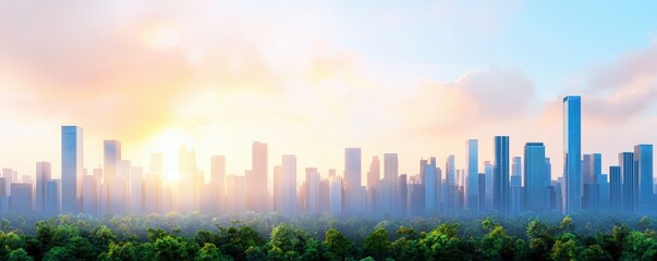 Fototapeta premium A vibrant city skyline at sunset, with modern skyscrapers silhouetted against a colorful sky and lush greenery in the foreground.