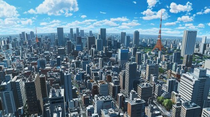 Fototapeta premium Vibrant anime-style cityscape featuring towering skyscrapers with intricate details, a clear blue sky dotted with soft white clouds, and warm sunlight casting dynamic shadows 