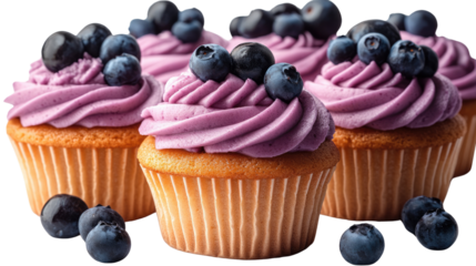 Delectable Blueberry Cupcakes: A close-up shot captures an array of tempting cupcakes, each topped with a swirl of vibrant purple frosting and plump, juicy blueberries.