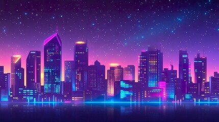 Fototapeta premium Vibrant city skyline at night with twinkling stars scattered across the sky, buildings outlined in neon lights, and a faint Milky Way visible above the urban glow 