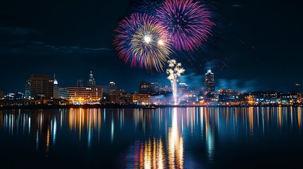 Fototapeta premium Vibrant cityscape at night with fireworks bursting in vivid colors above, a clear, dark sky framing the glowing skyline, reflections shimmering on nearby water 