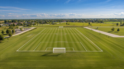 Obraz premium An aerial view of a soccer field with goals and white lines under a blue sky with some clouds