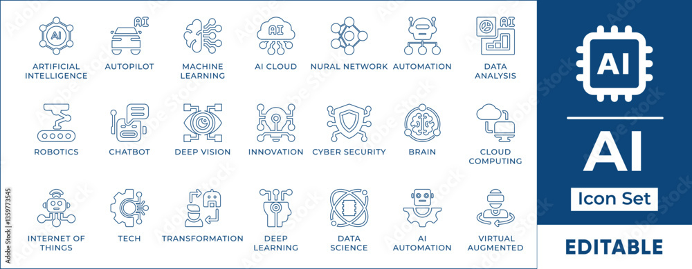 Aufkleber Artificial intelligence line icon set featuring AI, automation, machine learning, neural networks, robotics, data science, cloud computing, deep learning, chatbots, and futuristic technology.