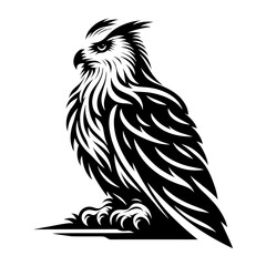 Obraz premium A black silhouette of eagle-owl, stroke lines, minimalist art style, vector, isolated, transparent background 