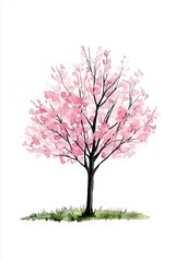 Naklejka premium Watercolor Cherry Blossom Tree with Pink Flowers on White Background Minimalist Art