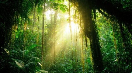 Obraz premium Sunlight filtering through dense jungle foliage.