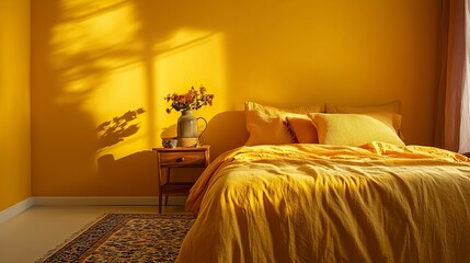 Warm bedroom with bold yellow walls, a bed with sunflower-yellow sheets, a vintage lamp on a wooden side table, and a patterned rug tying the room together, soft golden lighting 