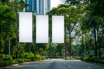 Three Blank White Vertical Banners on a Light Pole Amidst Lush Greenery