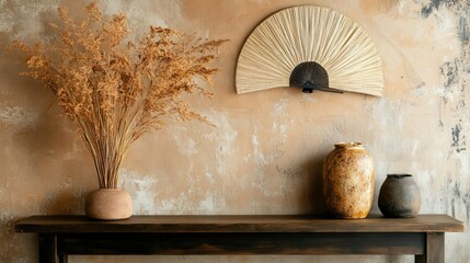 Minimalist console table with artistic decor and a statement fan wall piece in warm natural tones
