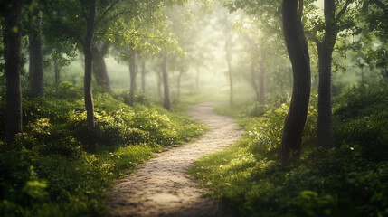 Fototapeta premium Beautiful path through the forest, with green trees and grass on both sides, on a sunny day with a light mist,