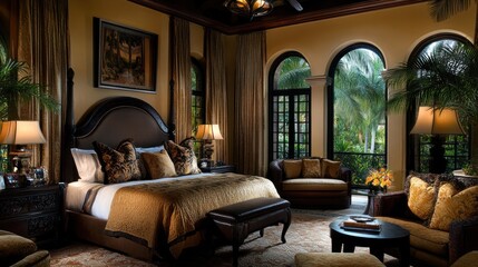 Fototapeta premium Luxury Bedroom with Palm Tree View