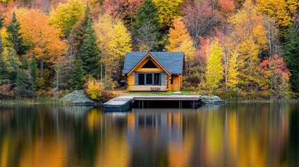 Obraz premium A cozy lakeside cabin with a wooden dock, surrounded by autumn foliage, perfect for a peaceful nature retreat.