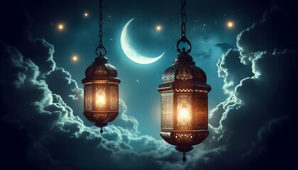 A mystical atmosphere featuring two illuminated lanterns with intricate design, suspended under a crescent moon surrounded by glowing stars amidst dramatic clouds, conveying tranquility