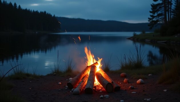 Campfire burning by the lake with calm water and forest backdrop