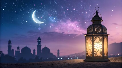 Illuminated Lantern and Crescent Moon Over Dreamy Purple Night Sky