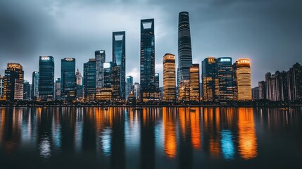 Fototapeta premium A glowing city skyline at night, with illuminated skyscrapers reflecting on a calm river.
