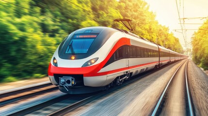 Naklejka premium A high-speed train passing through a stunning countryside landscape, capturing the excitement of train travel vacations.