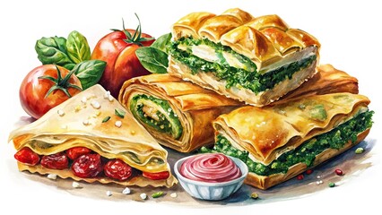 Colorful Watercolor Greek Spanakopita & Pastries - Food Photography