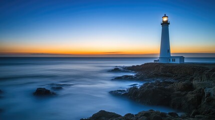 Fototapeta premium A historic lighthouse standing tall on a rocky coastline, guiding ships under a dramatic sunset sky, symbolizing coastal tourism.