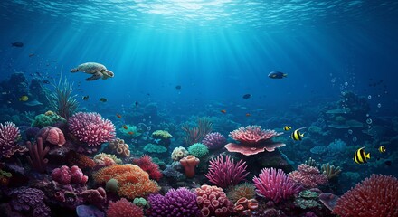 Fototapeta premium Vibrant coral reef underwater scene bathed in sunlight peaceful ocean life. AI Generated