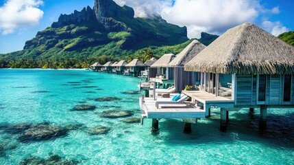 A luxurious overwater bungalow resort with crystal-clear waters and tropical scenery, representing dream vacations.