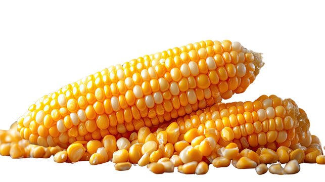 Golden Bounty: An artistic depiction of two ripe corns on the cob and a pile of kernels in a photorealistic display, capturing the rich textures and vibrant colors of fresh produce. 