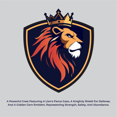 Lion face mascot logo with crown and shield 
