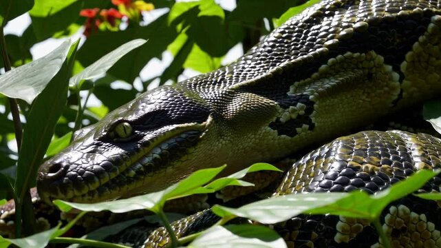 &ldquo;graceful movement of a python through lush green foliage in bright daylight&rdquo;. 4k stock footage