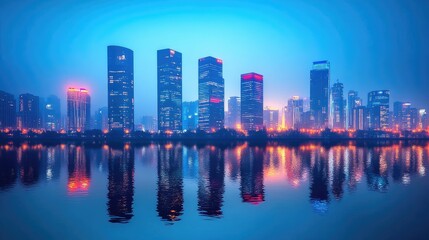 Fototapeta premium A mesmerizing view of a city skyline at night, illuminated by glowing skyscrapers and reflections on a calm river.