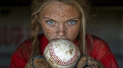 Close-up of a young female baseball player, intense focus, holding a dirty ball